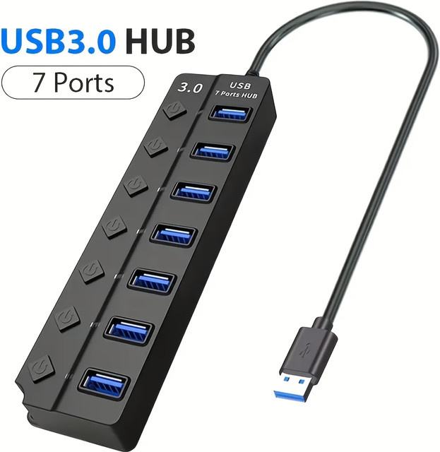 USB 3.0 High-Speed 7-Port-Splitter Computer-Erweiterungs-Hub mit Anti-Burnout-Schutz in Schwarz - Bild 1