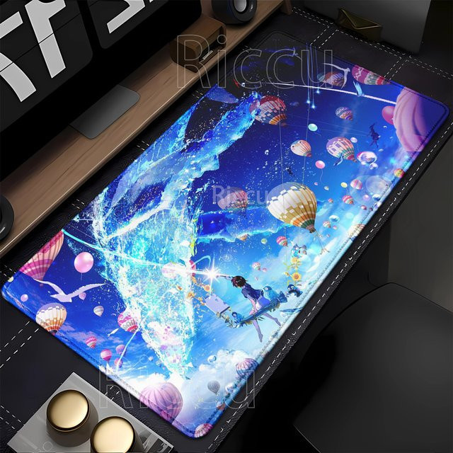 Riccu XXL Gaming-Mauspad mit Anime-Landschaft in Blau und Weiß, rutschfeste Schreibtischunterlage mit HD-Druck - Bild 1