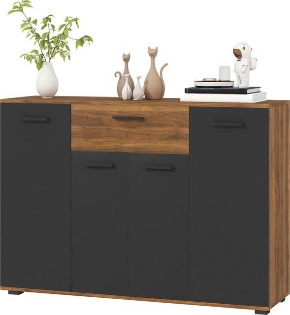 HOMCOM Buffet Wohnzimmerschrank mit 4 Schränken, Schubladen und verstellbaren Regalen, Braun und Schwarz, B/T/H: 120 x 35 x 85 cm, Aosom - Bild 1