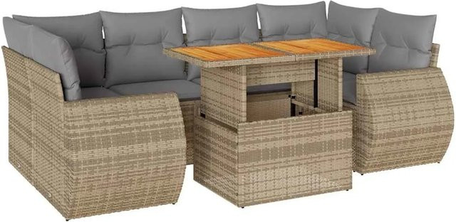 vidaXL 7-teilige Garten-Sofagarnitur in L-Form aus Polyrattan und Akazienholz mit Kissen in Beige-grau - Bild 1