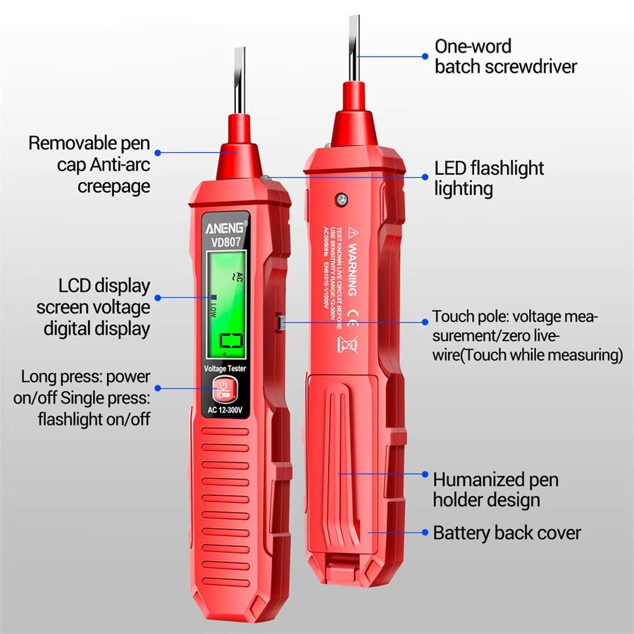 ANENG Berührungsloser Spannungsdetektorstift mit Digitalanzeige, hochpräziser Spannungsprüferstift für AC 12–300 V, Schwarz - Bild 6