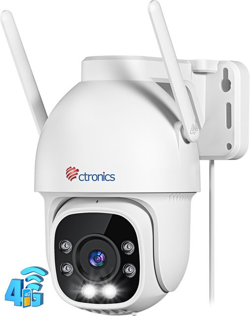 Ctronics 4G Outdoor Überwachungskamera mit SIM-Karte, 2K 1080P Auflösung, 360-Grad-Panorama, automatischer Verfolgung, Nachtsicht und Zwei-Wege-Audio in Weiß - Bild 1