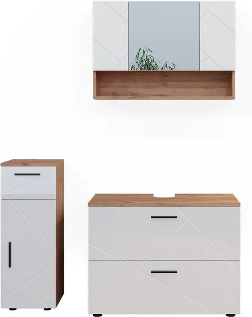 Vicco Badmöbelset Irma in Eiche und Weiß Hochglanz, 3-teiliges Badezimmer-Set mit Spiegelschrank, Waschtischunterschrank und Midischrank, Breite: 80 cm, Tiefe: 30 cm - Bild 2
