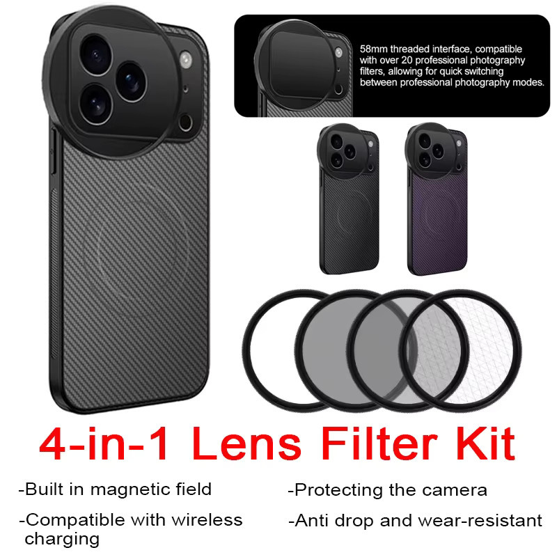 4-in-1 Handy-Filter-Set mit magnetischer kabelloser Lade-Telefonhülle für iPhone 17 Pro und iPhone 17 Pro Max, 58 mm Objektiv-Set mit CPL, ND, UV und Sternfilter, Farben: Grau und Schwarz - Bild 2