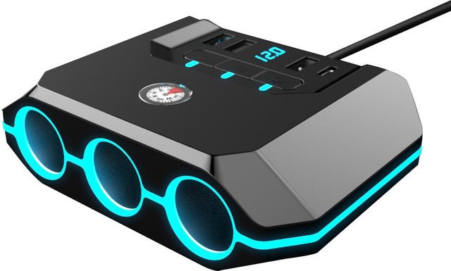 Hochleistungs-Kfz-Ladegerät mit 120 W, 3 Steckdosen und 4 USB-Anschlüssen (USB-A und USB-C), 12–24 V, Schwarz - Bild 1