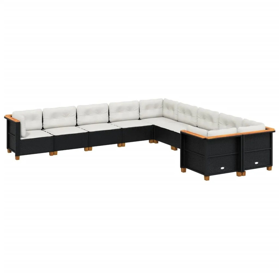 vidaXL 10-tlg. Garten-Sofagarnitur in L-Form aus Poly-Rattan und Akazienholz mit Kissen in Schwarz und Cremeweiß - Bild 2