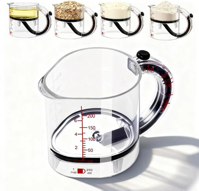 Multifunktionaler 4-in-1 Messbecher von Oudun mit Schaber und Dichtungsboden, braunrot und transparent, rund aus Kunststoff - Bild 1