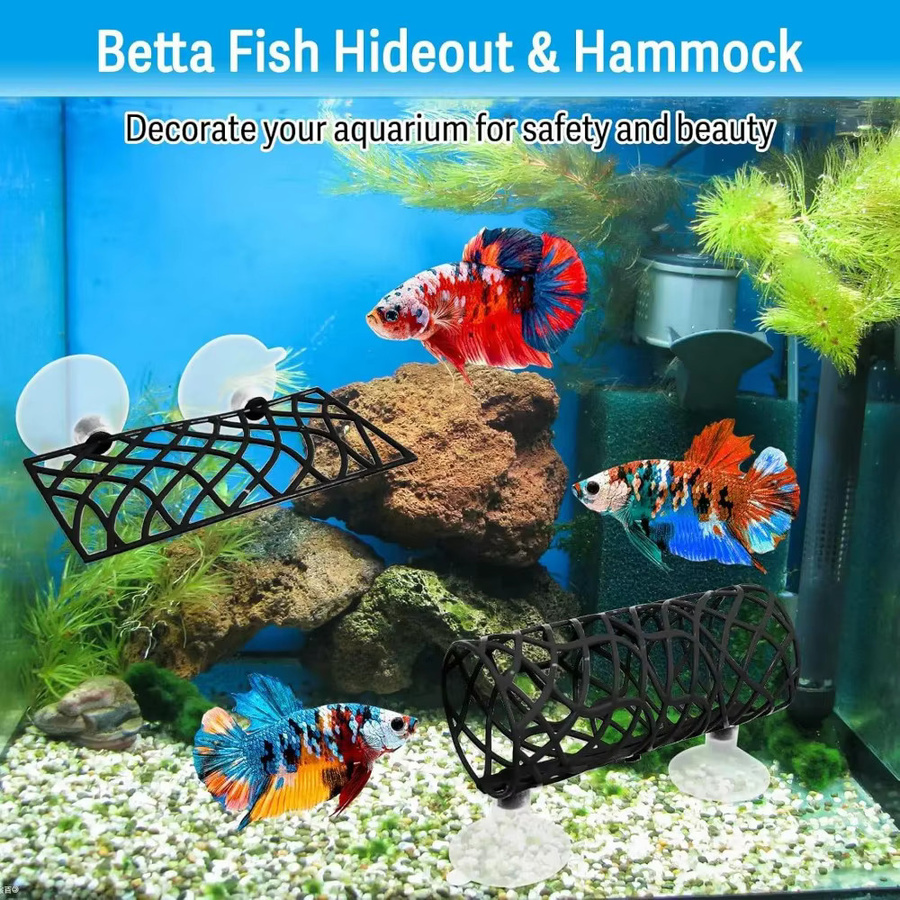 ZHUOJI Betta-Fischversteck in Schwarz mit Hängematte und Hohltunnel als Aquarium-Dekoration für Krebse, Garnelen und kleine Fische - Bild 5