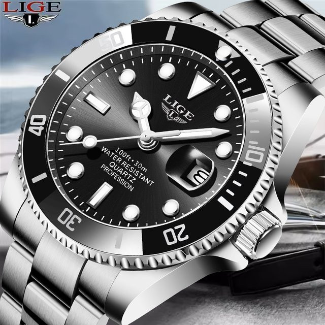 LIGE Armbanduhr Chronograph, Quarz, Edelstahl, Schwarz, Silber, Herren - Bild 1