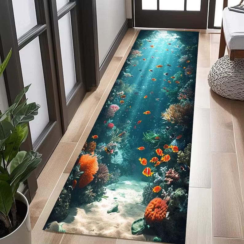 Moderner Läufer Teppich mit Ozean Cliff Tiefsee Druck in Blau für Wohnzimmer und Schlafzimmer - Bild 2