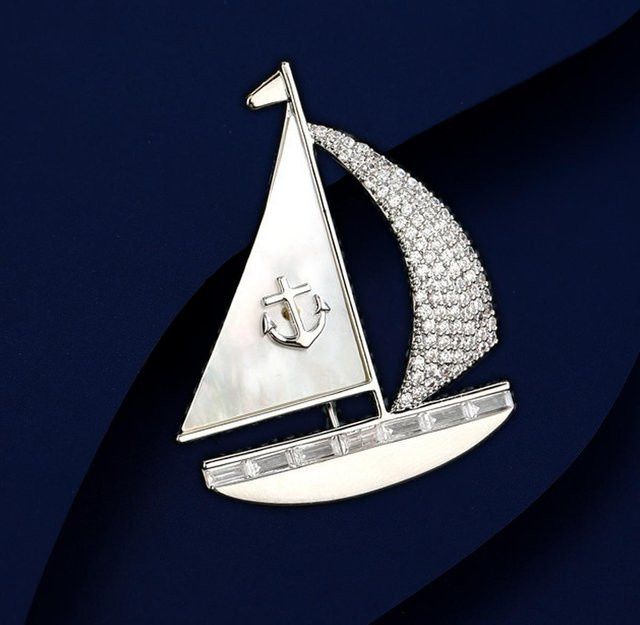 YIRAN Brosche Segelboot, Künstliche Mutterperle, Zirkon, Damen, weiß - Bild 1