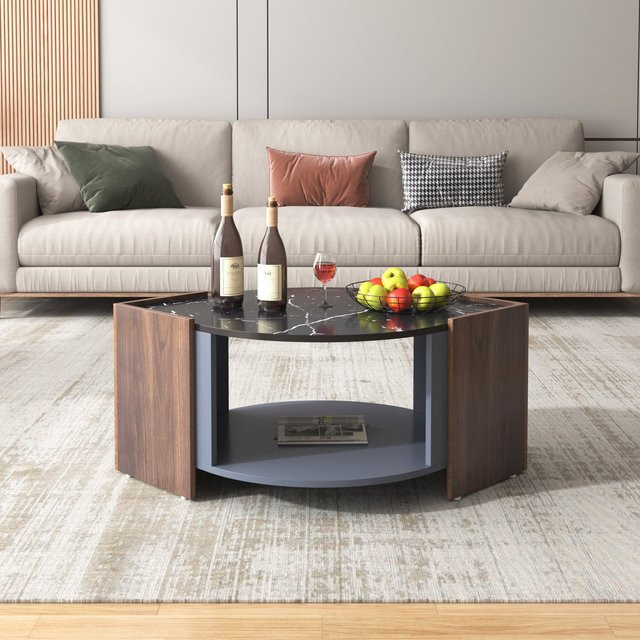 Moderner Wohnzimmertisch aus schwarzem Marmor und Walnussholz mit abstraktem Design, Schwarz/Braun, B/T/H: 96,5 x 63 x 40 cm - Bild 1