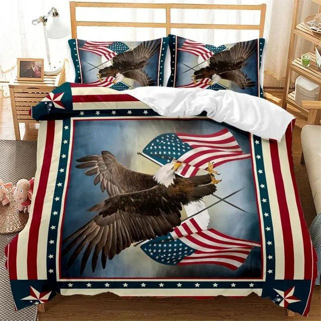 Bettwäscheset mit amerikanischer Flagge von Lodestar, bestehend aus Bettbezug und Kissenbezug, Mehrfarbig, B/H: 133 x 70 cm - Bild 1