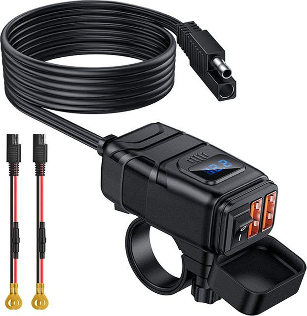 Motorrad-Ladegerät mit Doppel-USB-Anschluss und Schnellladefunktion für Telefon, GPS und elektronische Geräte in Schwarz - Bild 1