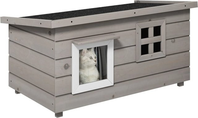 PawHut Katzenhaus aus Tannenholz in Grau mit wetterfestem Dach und erhöhtem Boden, B/T/H: 52 x 44 x 87 cm - Bild 1