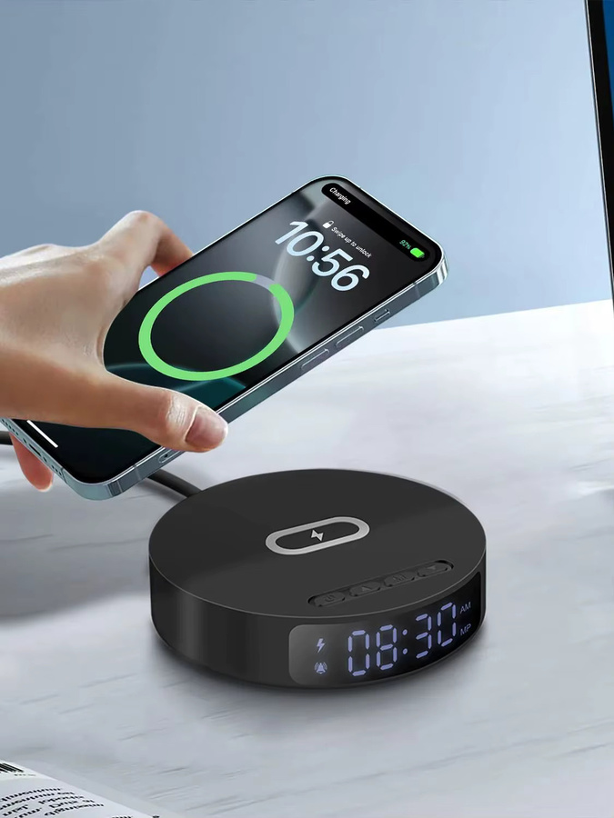 FDGAO 2-in-1 kabelloses Ladegerät und Wecker in Schwarz für iPhone und Samsung Galaxy sowie Galaxy Buds - Bild 4