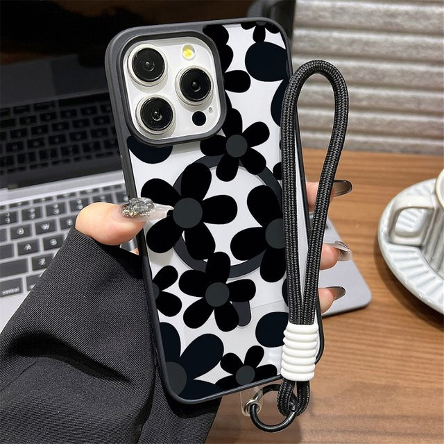 Schwarze iPhone Schutzhülle mit Blumen-Design, kabellose Ladefunktion und Trageschlaufe für Apple iPhone 11 bis iPhone 17 Pro Max - Bild 1