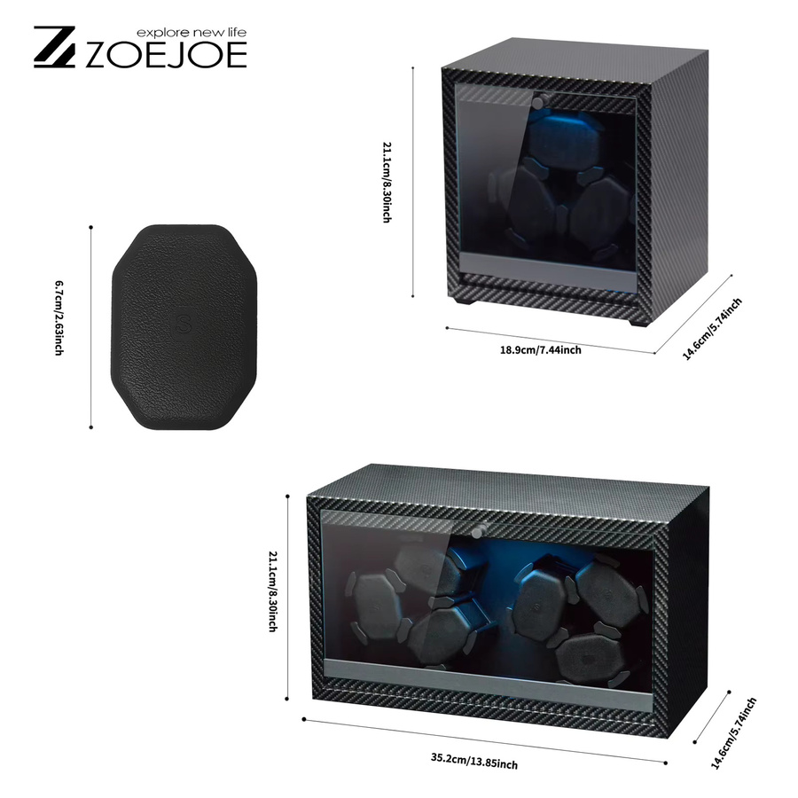 ZOEJOE Uhrenbeweger, 6 Fächer, Carbonfaser-Finish, LED-Beleuchtung, Schwarz - Bild 2