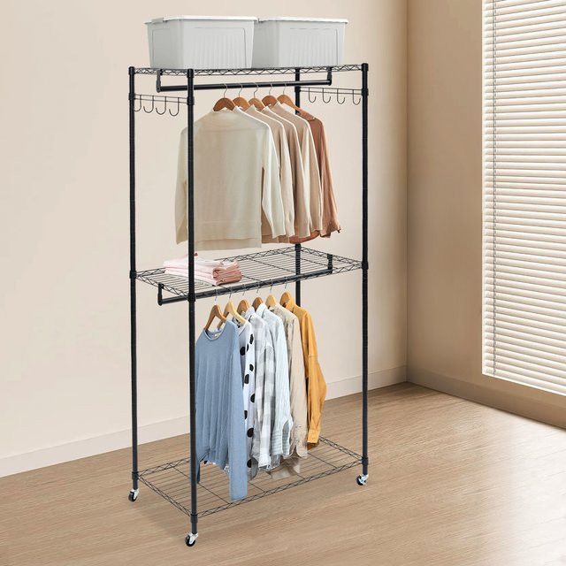 Bymaocar 2-stufiger Kleiderständer als Stangenschrank-Organizer in Schwarz mit 4 Universalrädern, B/T/H: 90 x 43,5 x 180 cm - Bild 1