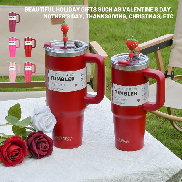 WATERSY Isolierter Edelstahl Becher mit Griff und Strohhalm in Pink, Vakuum-Reisebecher aus Edelstahl 304 für Sport und Auto - Bild 1