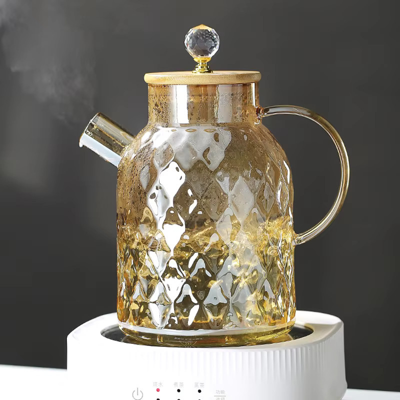 YWDL Glas-Teekessel mit Bambusdeckel und abnehmbarem Filter, Champagner-Teekanne für losen Tee, transparent/gold, 1,8 l - Bild 2