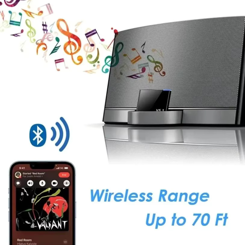 I-WAVE Bluetooth 5.1 Audio Receiver A2DP Mini Wireless Adapter für iPhone und iPod mit 30-Pin-Anschluss, Schwarz - Bild 2