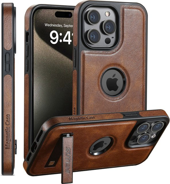 Luxus Magnetische Leder Handyhülle mit Auto-Ständer für iPhone 17 Air 17 Pro Max 16 Pro 15 14 13 12 Pro Max in Schwarz und Braun - Bild 1