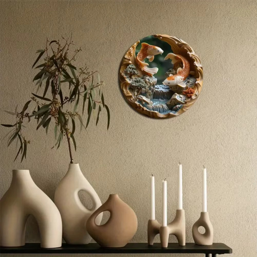 Potdemiel Runde Wandkunst aus Aluminium mit Koi-Motiv in Multicolour, Durchmesser: 20 cm - Bild 3