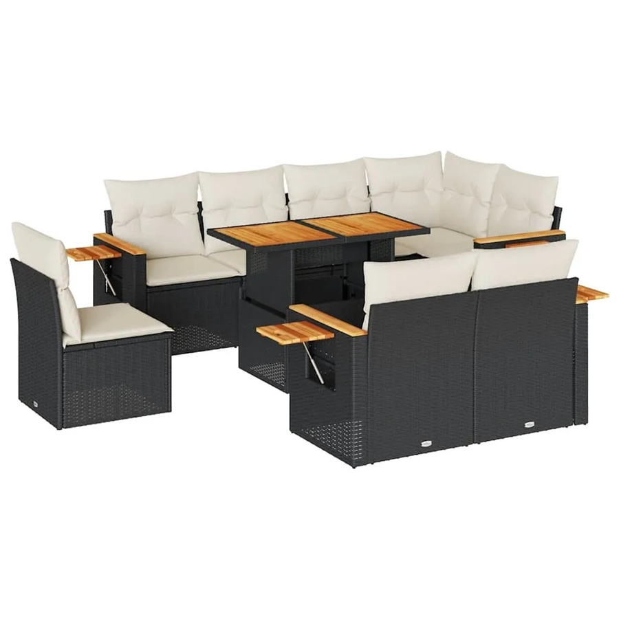 vidaXL 9-teilige Garten-Sofagarnitur in L-Form aus Poly-Rattan und Akazienholz mit Kissen in Schwarz-Creme - Bild 2