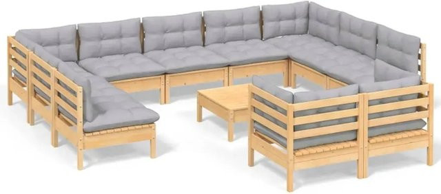 vidaXL 12-teiliges Garten-Lounge-Set aus massivem Kiefernholz in Braun-Grau mit grauen Polsterkissen in U-Form - Bild 1