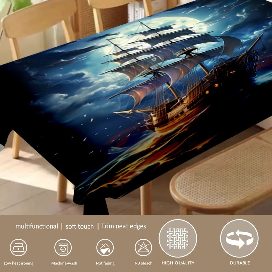 VIKAMA Moonlight Sailing Wasserdichte Tischdecke mit Fantasy Segelboot Nacht Kreuzfahrt Muster im Nordic Stil - Bild 3