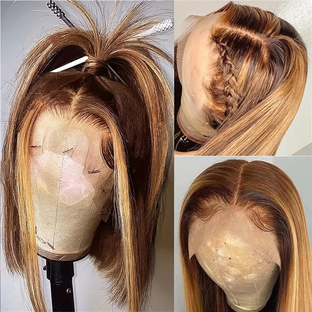 Duoxuan Bob-Perücke, 100% Echthaar, Blonde Highlights, 16 Zoll - Bild 1