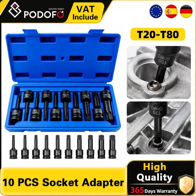 Podofo 10-teiliger Torx-Bit-Steckschlüsselsatz 1/2 Zoll aus Cr-Mo-Stahl in Blau mit Aufbewahrungskoffer, T20-T80 Stern-Steckschlüsseladapter für Kfz-Reparatur und Wartung - Bild 1