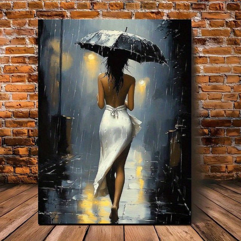 Potdemiel Leinwandkunst Romantische Regennacht mit Rahmen, mehrfarbige Stadt-Straßenszene als Wanddekoration im Hochformat - Bild 1