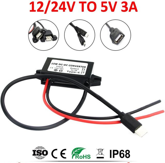 Waohei DC-DC Buck Wandler Netzteil mit Dual USB Ausgang, 12V 24V auf 5V 3A 15W, Schwarz - Bild 1