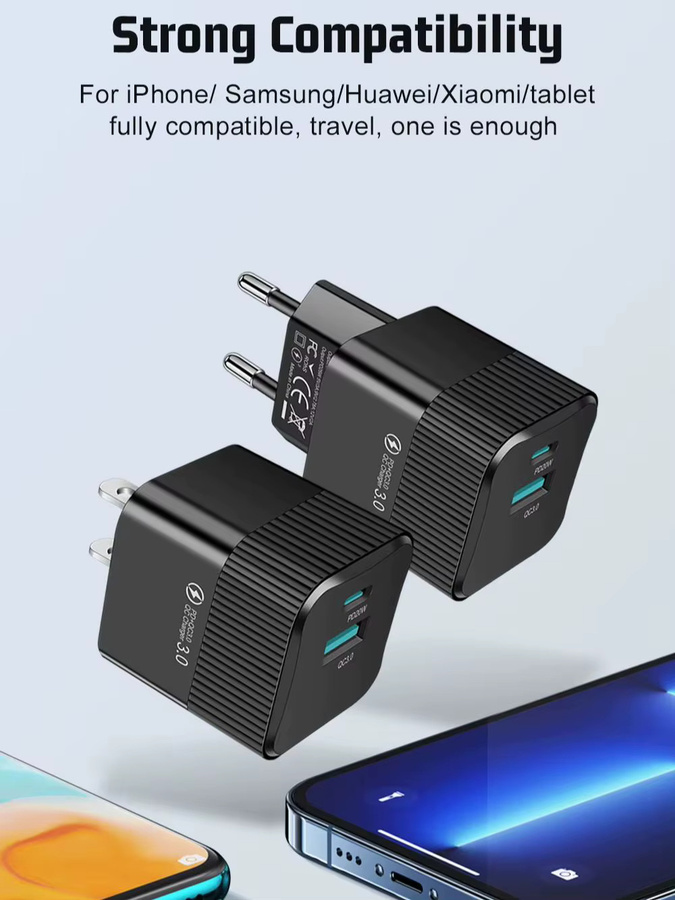 KR EU Mini-Reisestecker 2-Port PD 25W USB-C Schnellladegerät in Schwarz für iPhone 15 Pro Max und OnePlus - Bild 4