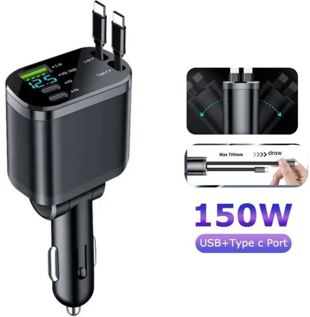 5-in-1 Einziehbares Autoladegerät PD30W mit Schnellladespannungsanzeige und Dual-Kabel-Adapter in Schwarz - Bild 1