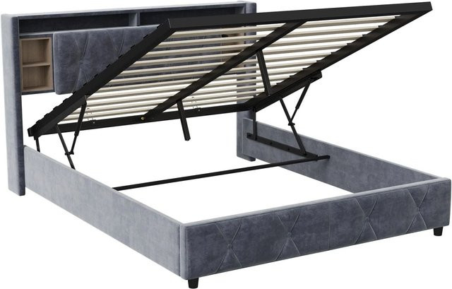 PXloue Polsterbett aus Samt in Grau mit hydraulischem Stauraum, USB-Ladeport und Unterbettbeleuchtung, B/T/H: 160 x 200 x 105 cm - Bild 1