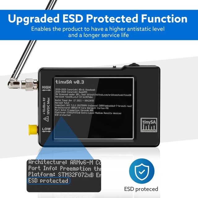 Tinysa Spektrumanalysator mit 2.8 Zoll Display, Frequenzbereich 960 kHz bis MHz, ESD Protected Version V0.3.1, Schwarz - Bild 1
