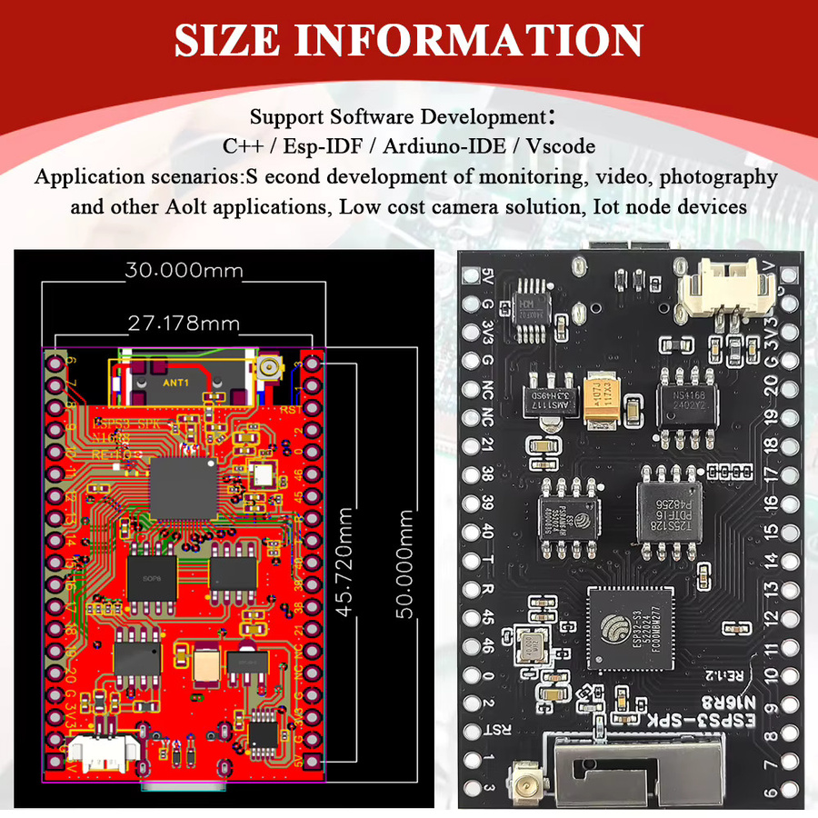 ESP32-S3 CAM Lautsprecher-Entwicklungsboard Kit mit OV2640 WLAN-Kamera, Dual-Mikrofon, TF-Steckplatz und USB Typ-C Anschluss, N16R8 in Schwarz - Bild 5