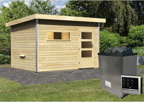 Karibu Saunahaus Schwanenburg 2 aus Fichtenholz in Beige mit 9 kW Ofen und externer Steuerung, B/T/H: 337 x 231 x 239 cm - Bild 1