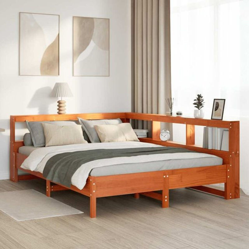 Massivholzbett aus Kiefer mit Regal von Vidaxl in Braun, B/T/H: 140 x 190 x 80 cm - Bild 1
