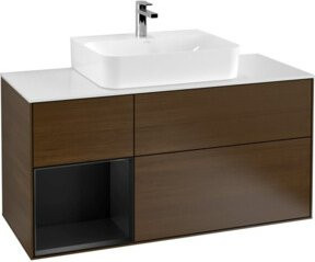 V&B Waschtischunterschrank Finion mit Wandbeleuchtung und linkem Regal in Walnuss, Breite: 120 cm, Tiefe: 50,1 cm, Höhe: 50,1 cm - Bild 1