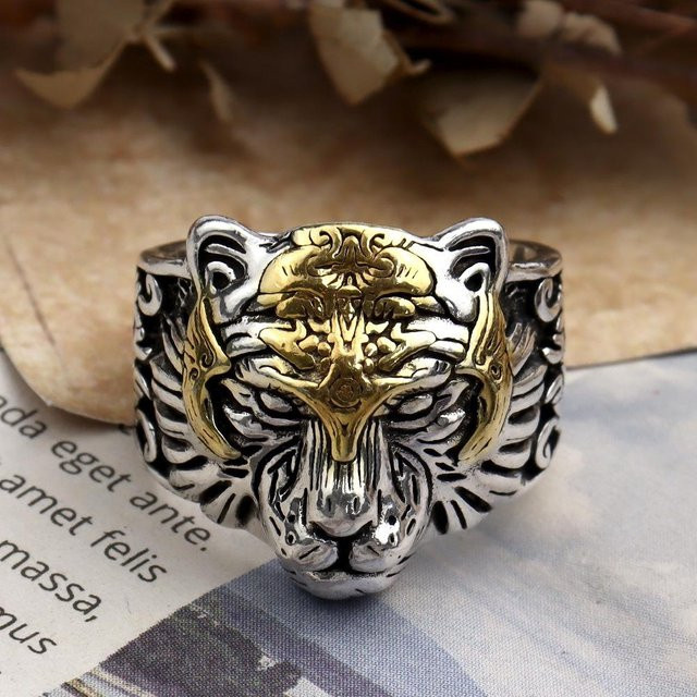 Yiran Jewelry Tigerkopf-Herrenring, vergoldet, Kupfer, Vintage - Bild 1