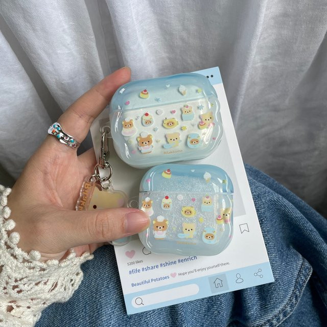 Meetsweet Cartoon Cake Bear Schutzhülle für AirPods 2 3 4 und AirPod Pro mit Schlüsselanhänger in Blau - Bild 1