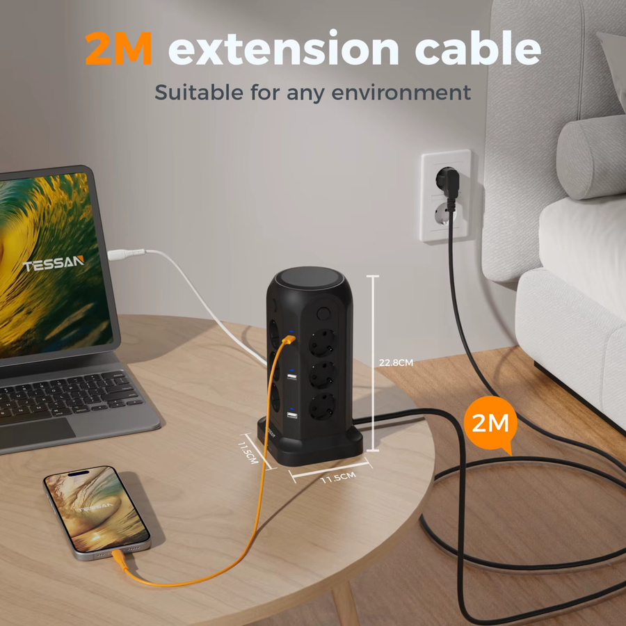 TESSAN Multi-Tower-Steckdosenleiste Schwarz mit 12 Steckdosen, 4 USB-A, 2 Typ-C und Überspannungsschutz - Bild 5