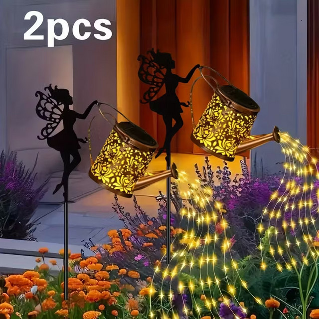 Leclstar 2er Set Solarbetriebene Feenwasserkanne-Lampen in Gold mit Rosen-Lichterkette für Garten und Außenbereich - Bild 1