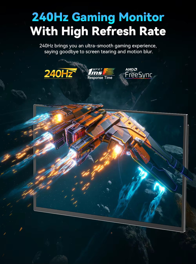 Tragbarer Monitor EVICIV 24,5 Zoll Full HD mit 240Hz, 105% sRGB, 460 Nits, HDMI und USB-C, Schwarz - Bild 2