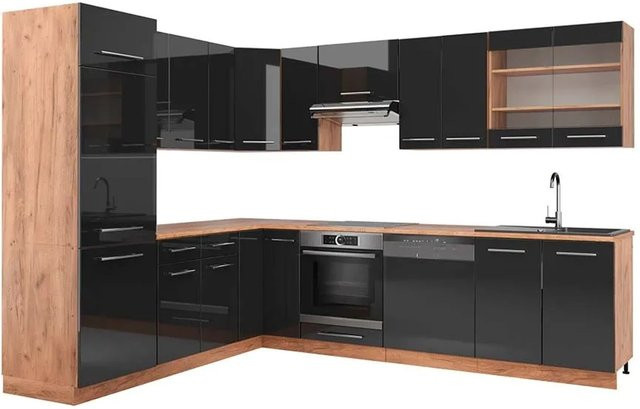 Vicco Fame-Line Eckküche Anthrazit Hochglanz und Goldkraft Eiche B: 227 cm, B: 287 cm - Bild 1