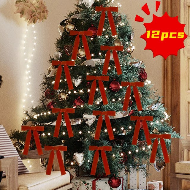 12er Set Weihnachts-Bogen Dekoration Vintage DIY Textil-Schleifen in Rot für Weihnachtsbaum und Party-Deko - Bild 1